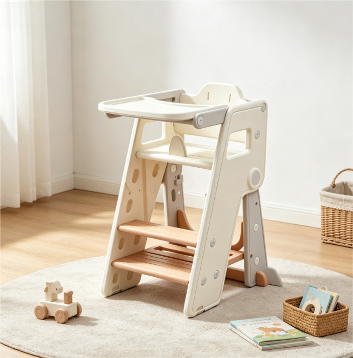 3-in-1 Opvouwbare Leertoren voor Peuters - Hoogteverstelbare Keukenhulp met Lade - Antislip Stapladder van HDPE - Wit-Bruin