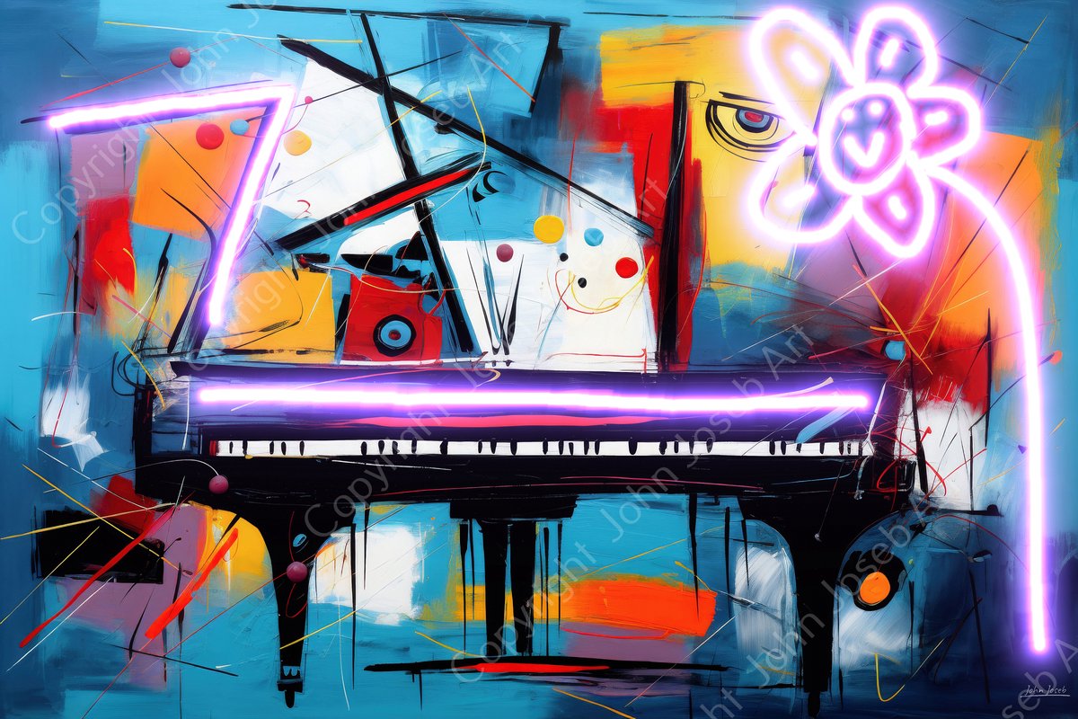 John Joseb Art (Aluminium) 60x40 | Piano, Herman Brood stijl, abstract, kleurrijk, neon, kunst | rood, geel, blauw, muziek, muziekinstrument, modern | foto-schilderij op dibond, metaal wanddecoratie