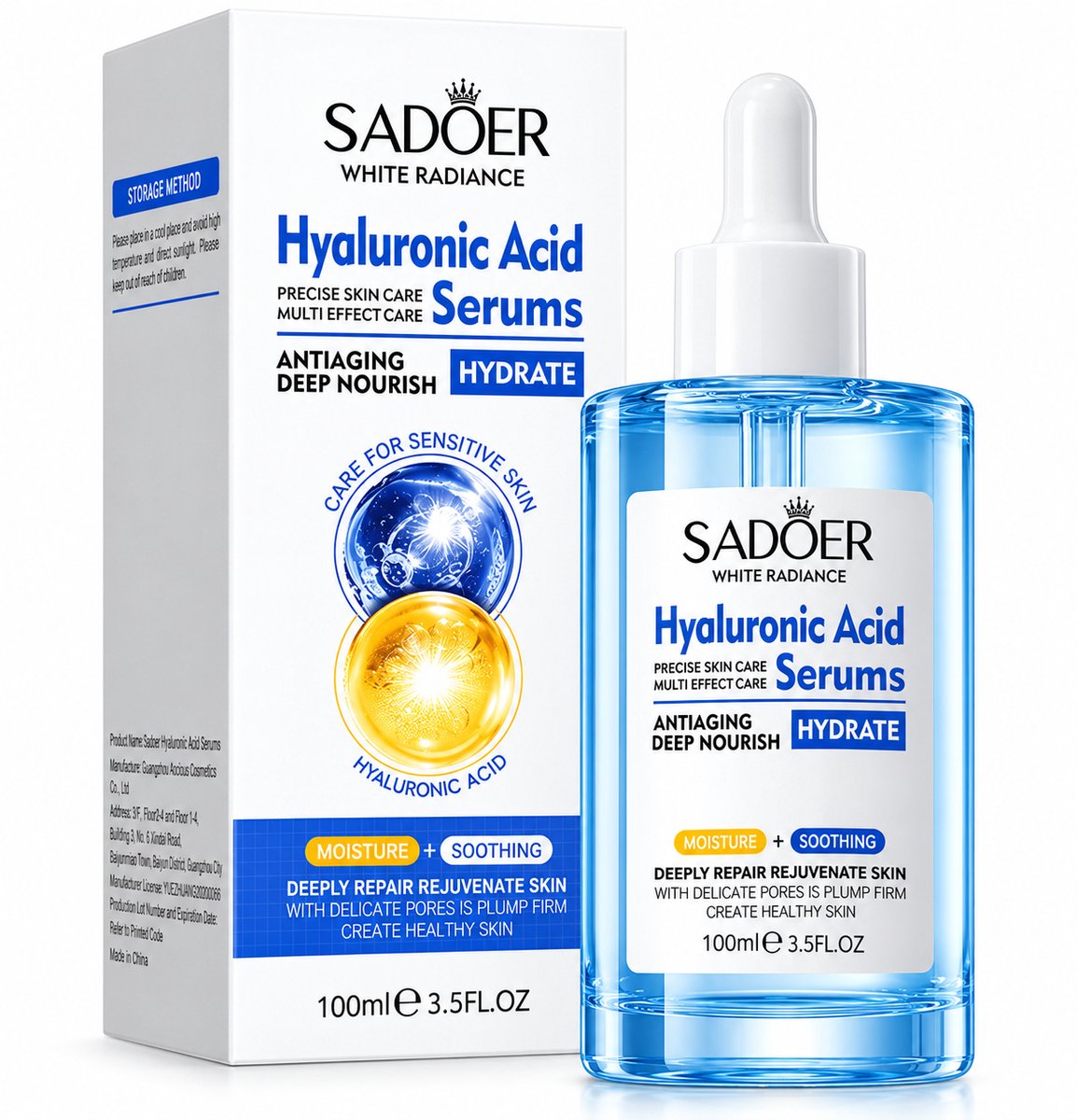SADOER Hyaluronic Acid Serum 100 ml | Gezichtsserum | Hyaluronzuur Serum | Hydraterend Serum | Face Serum | Moisturizing Serum | Serum Droge Huid | Hydratatie Gezicht | Skin Care | White Radiance | Anti-Aging Serum | Gezicht & Hals | 100 ML