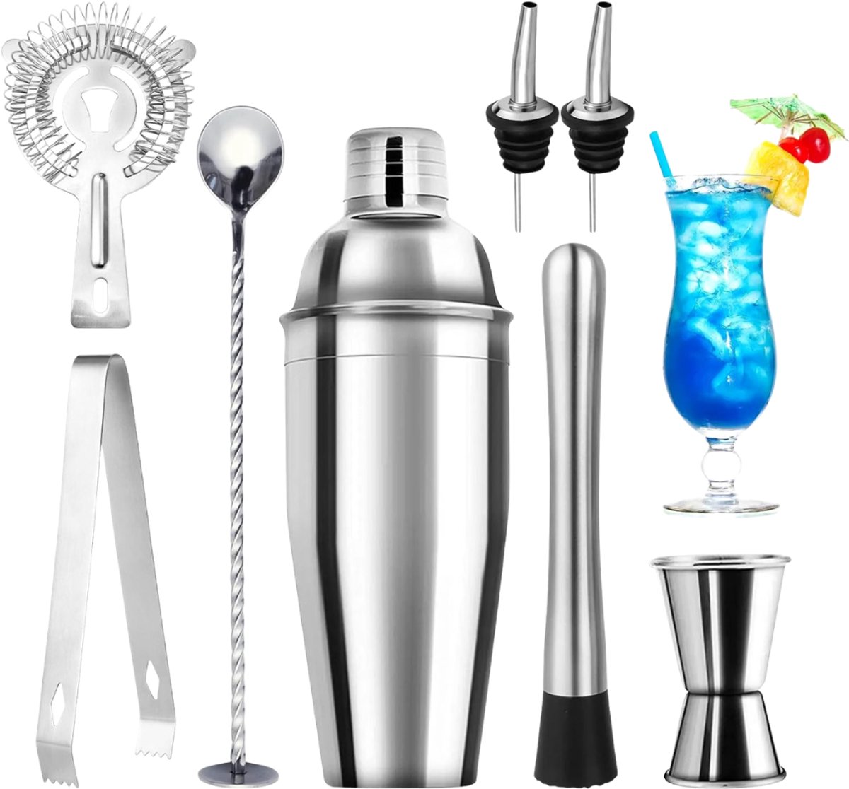 Verte - Cocktail Shaker Set - 8-Delige Roestvrijstalen Cocktailmixset - 750 Ml - Cocktailset - Roestvrijstalen Shaker - Professionele Baraccessoires - Voor Thuis - In De Bar - Op Feestjes