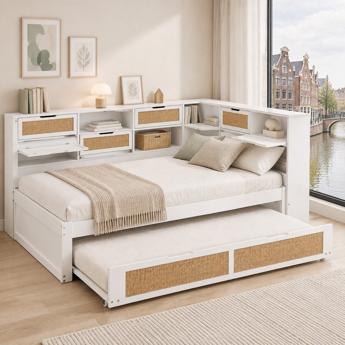 WUVRIE Slaapbank 90 x 200 cm met uitschuifbed, opbergruimte en USB-aansluiting, wit