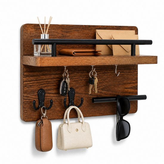 Houten sleutelrek voor aan de muur - Wandorganizer 32 x 18 x 13 cm - Met plank, 3 sleutelhaakjes, 2 dubbele haken en brillenhouder - Donkerbruin/zwart - Sleutelbord - Wandhaken - Wandplank