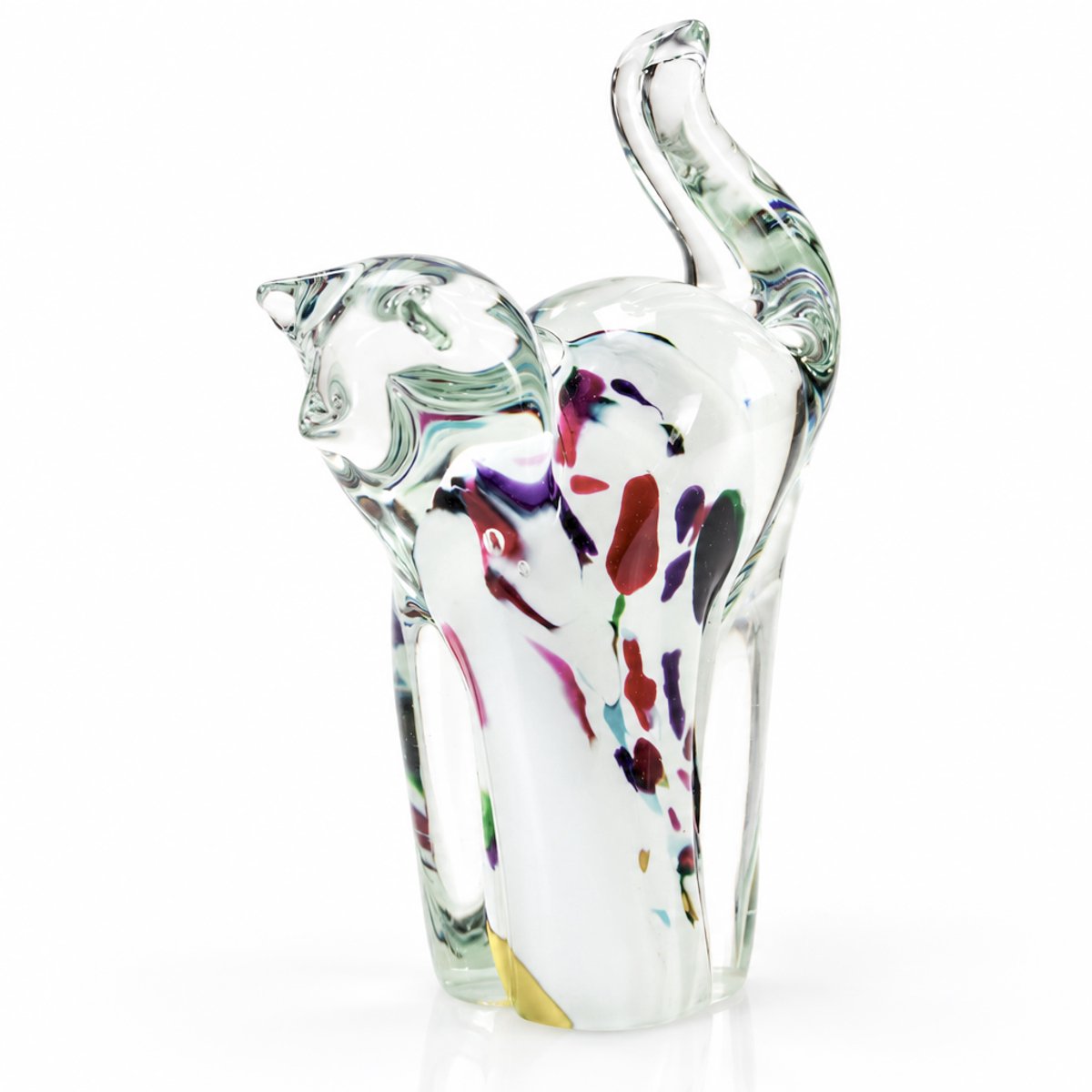 Glazen Kat Beeld Wit Multicolor – Decoratief Kattenbeeld – 14 cm
