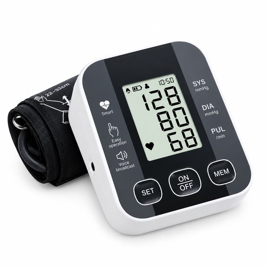 Digitale bloeddrukmeter met manchet (22-32 cm), display toont 128/80/68 en tijd 10:50.