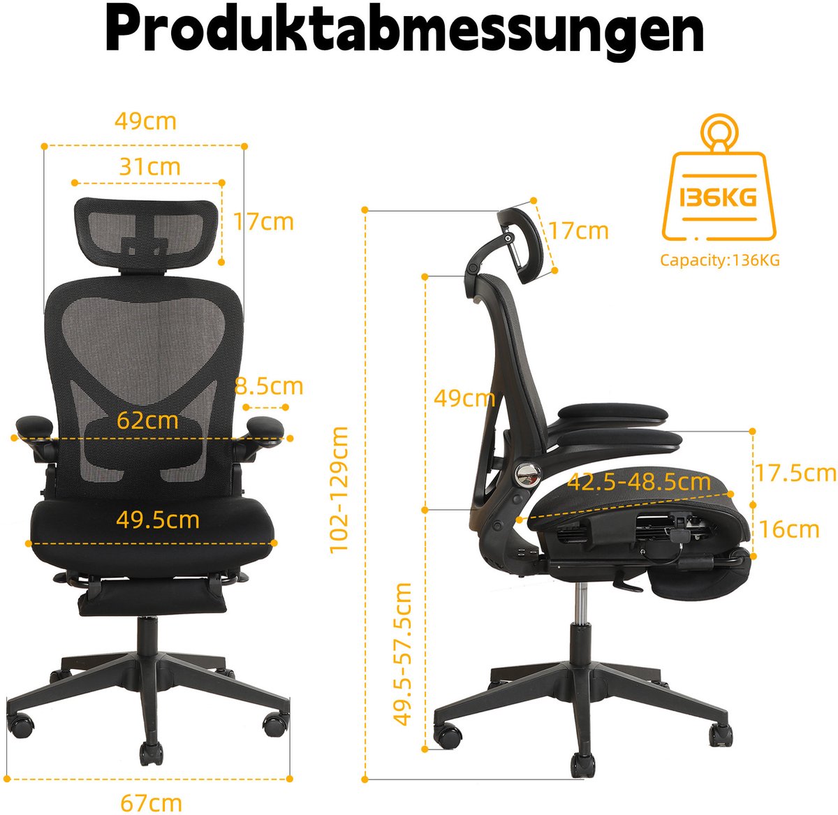 FloraGrace Ergonomische Bureaustoel 62 x 48,5 x 129 Cm - Opklapbare Rugleuning, 3D Hoofdsteun En Lendensteun - Werkplek - Netstof - Zwart