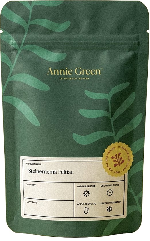 Annie Green verpakking met groene bladeren, met productnaam 'Steinernema Feltiae'.
