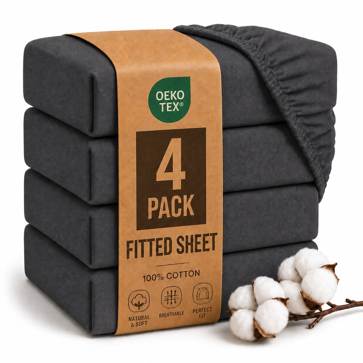 Komfortec Jersey Stretch 4-delige Hoeslaken Set 90x200 cm, Dubbelpak, 23 cm Matrasdikte, Rondom Elastiek, 100% Katoen, Antraciet