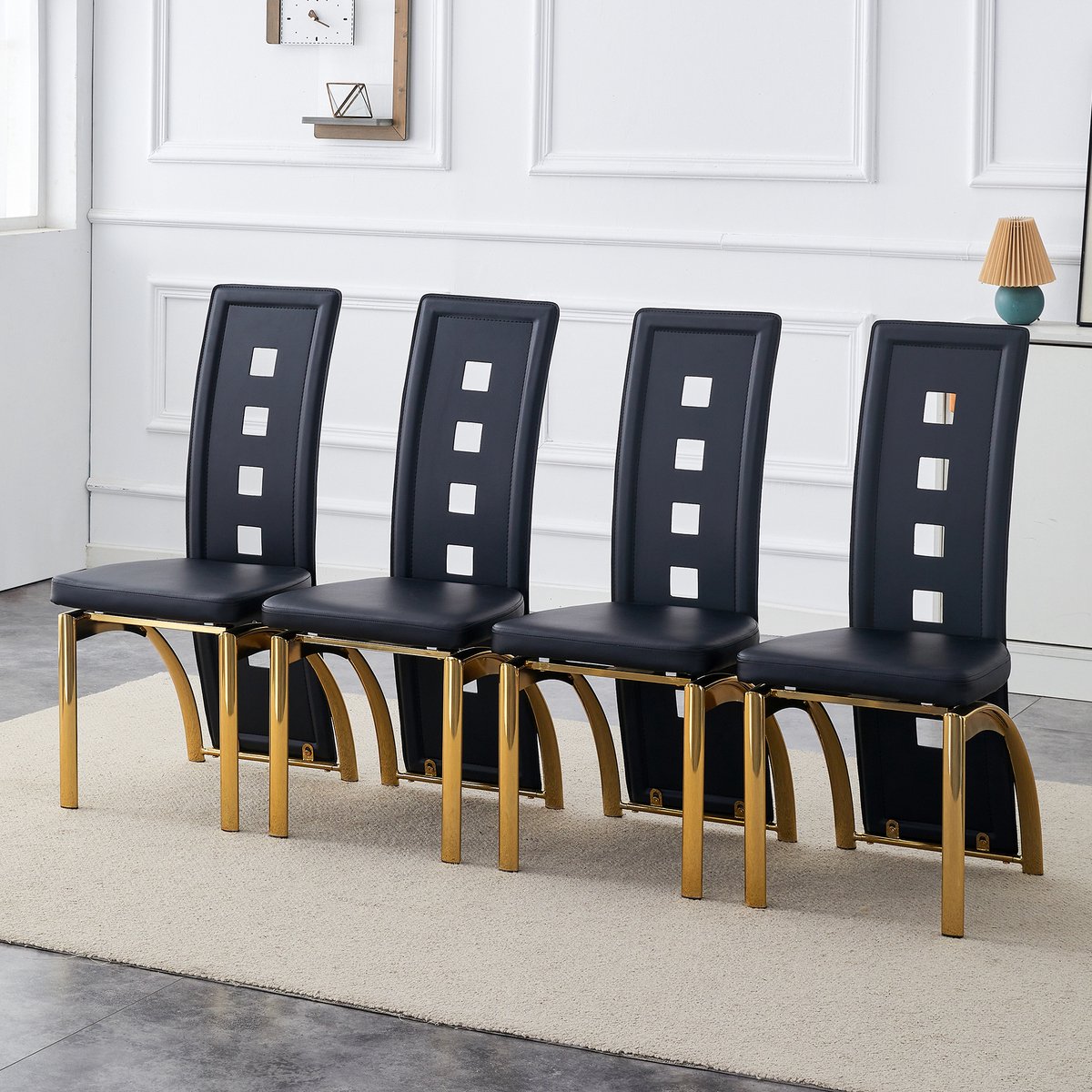 Clruro Eetkamerstoelen - 102,5 cm Hoog - 4 Stuks met Opengewerkt Patroon - PU/Metaal - Zwart/Goud Zwart+Goud