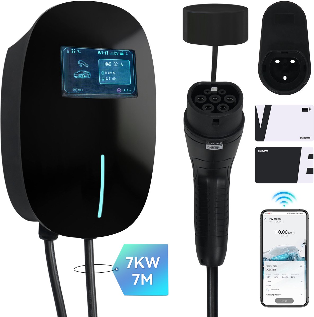 Puluomis - Wallbox EV Charger 7 kW - Smartcharge laadpaal met app - 7 meter kabel - Type 2 - 1-fase - 6–32A instelbaar - Zwart
