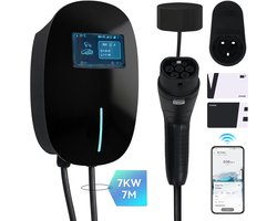 Puluomis - Wallbox EV Charger 7 kW - Smartcharge laadpaal met app - 7 meter kabel - Type 2 - 1-fase - 6–32A instelbaar - Zwart