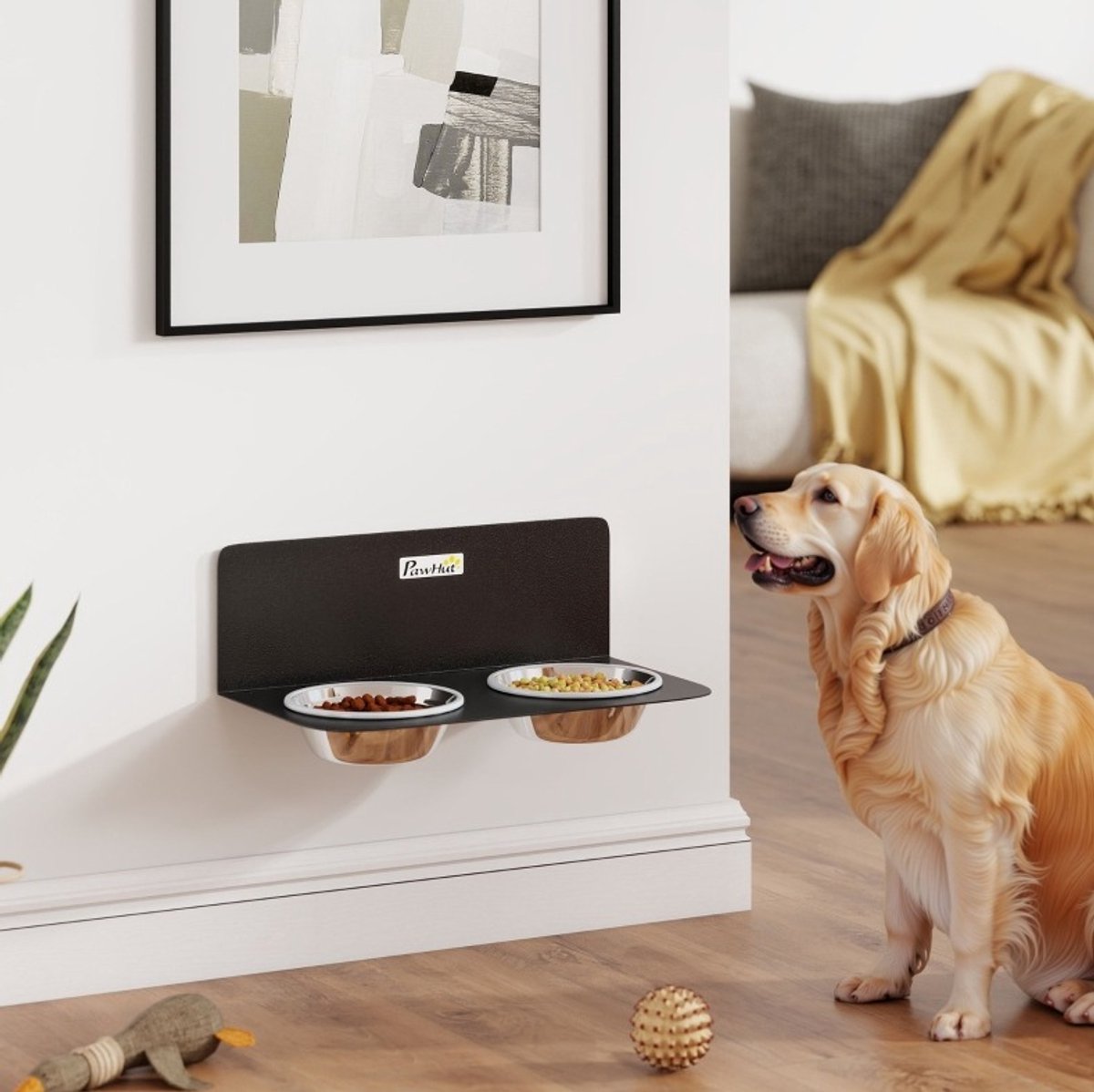 REDOM - Hondenvoerbak - Verstelbare wandmontage - Dubbele RVS voerbakken - Vaatwasserbestendig - Anti-slip - Wandmodel voor hond - Metaal en RVS - Zwart - 42 x 23,5 x 14 cm
