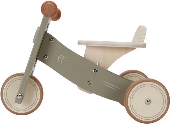 Houten loopfiets in olijfgroene kleur met beige accenten en zadel.