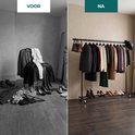 Voor en na foto van een kledingrek. Links een rommelige stoel met kleding, rechts een georganiseerd kledingrek met jassen en schoenen.
