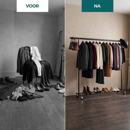 Voor en na foto van een kledingrek. Links een rommelige stoel met kleding, rechts een georganiseerd kledingrek met jassen en schoenen.