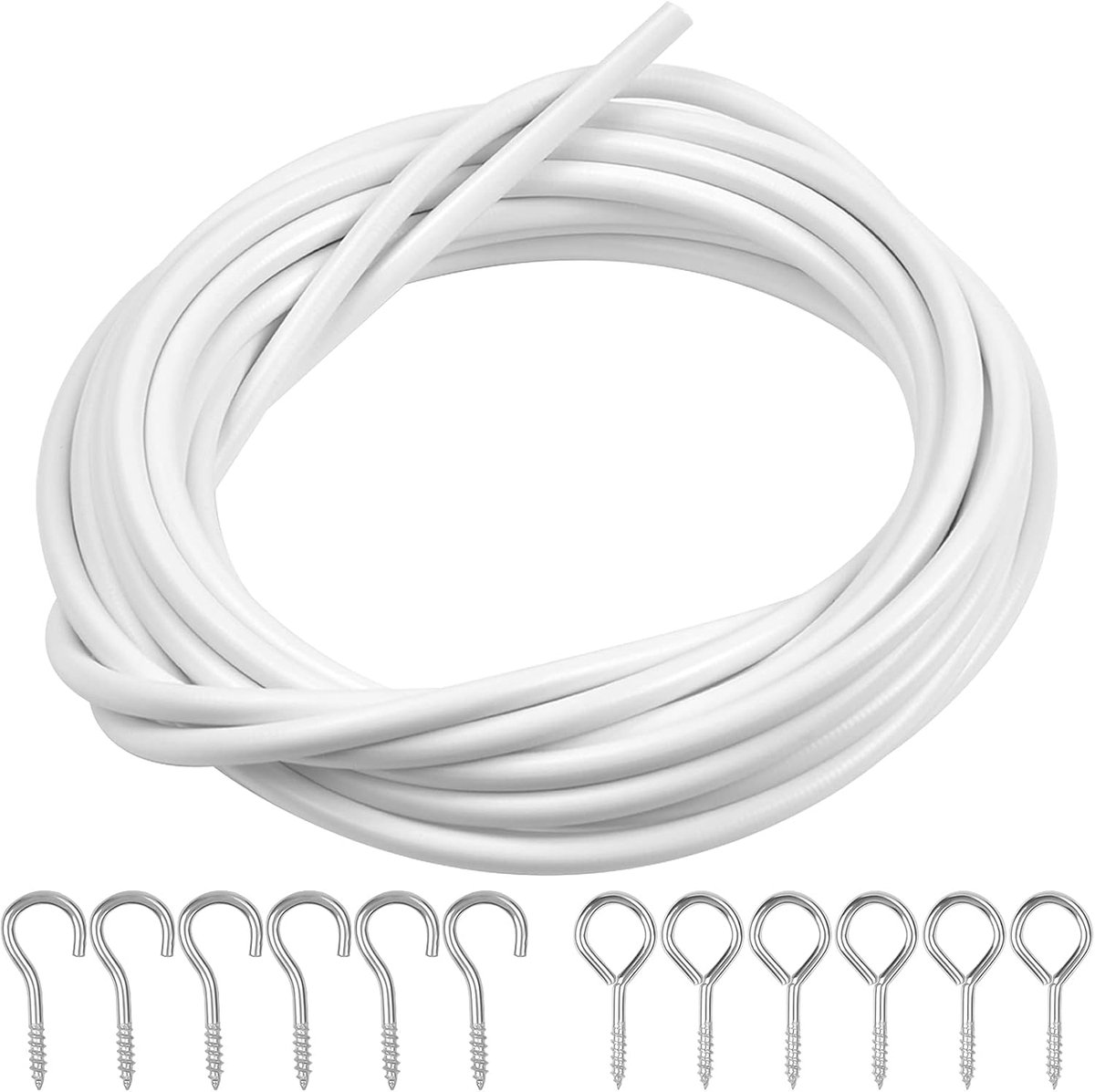 Chstarina 4m net gordijndraad wit met 6 haken en 6 ogen ophang kabel set net gordijnroede multifunctionele voile draad - ShopVlot