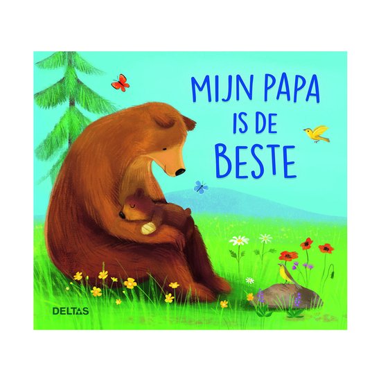 Un ours brun serre un ourson dans un champ de fleurs et d'herbe. "MON PAPA EST LE MEILLEUR" est écrit en lettres bleues.