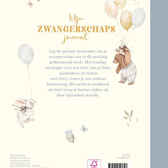 Omslag van 'Mijn zwangerschapsjournal' met beren en een konijn die ballonnen vasthouden, en tekst over het vastleggen van momenten.