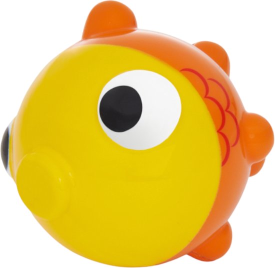 Rond, geel badspeeltje met oranje visdetails en grote ogen.