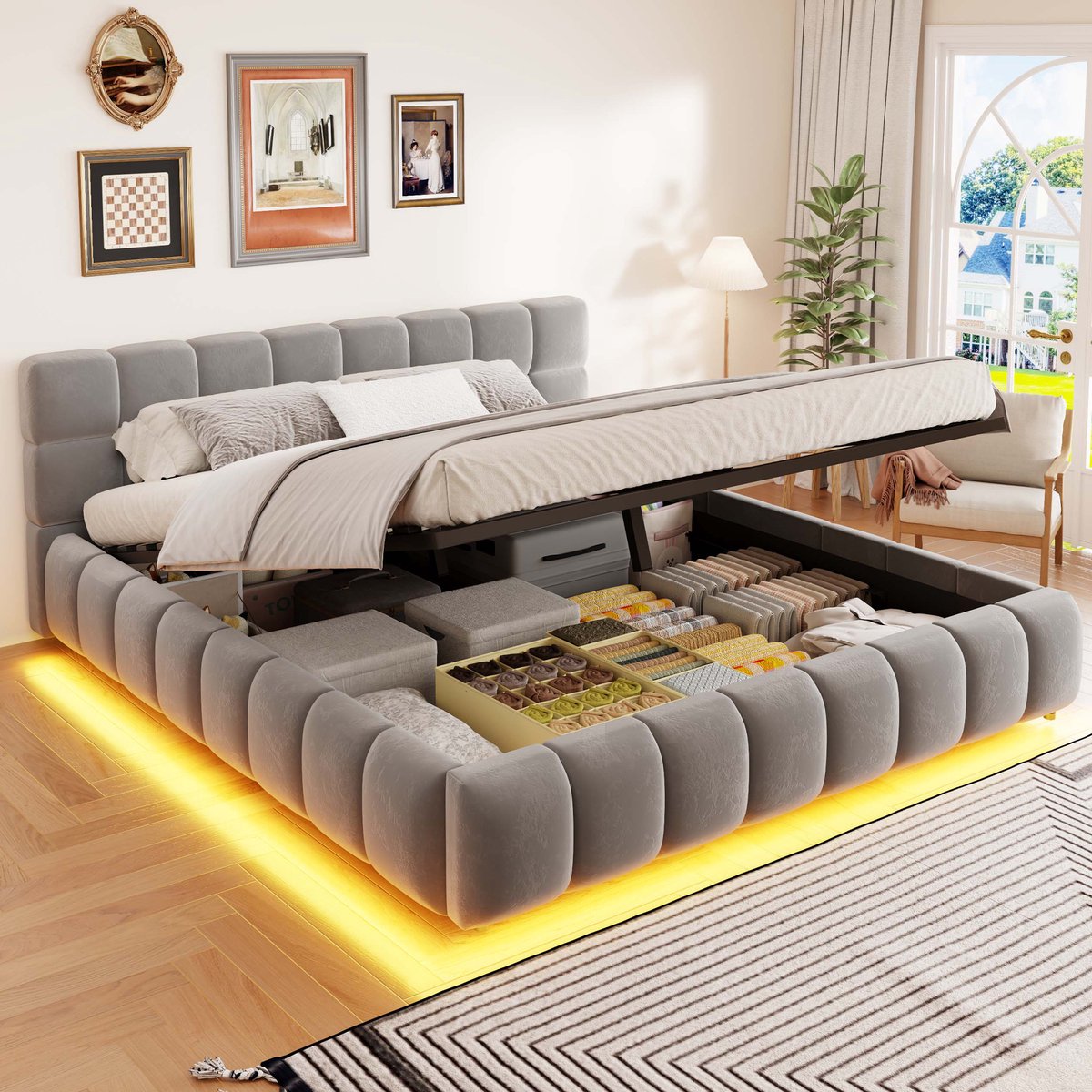 REDOM - Bed - Hoofdbord en bedzijden met gewatteerde vormgeving - Hydraulische opbergruimte - Met LED-verlichting - Moderne stijl - Slaapkamer - Stof - Grijs - 160 x 200 cm