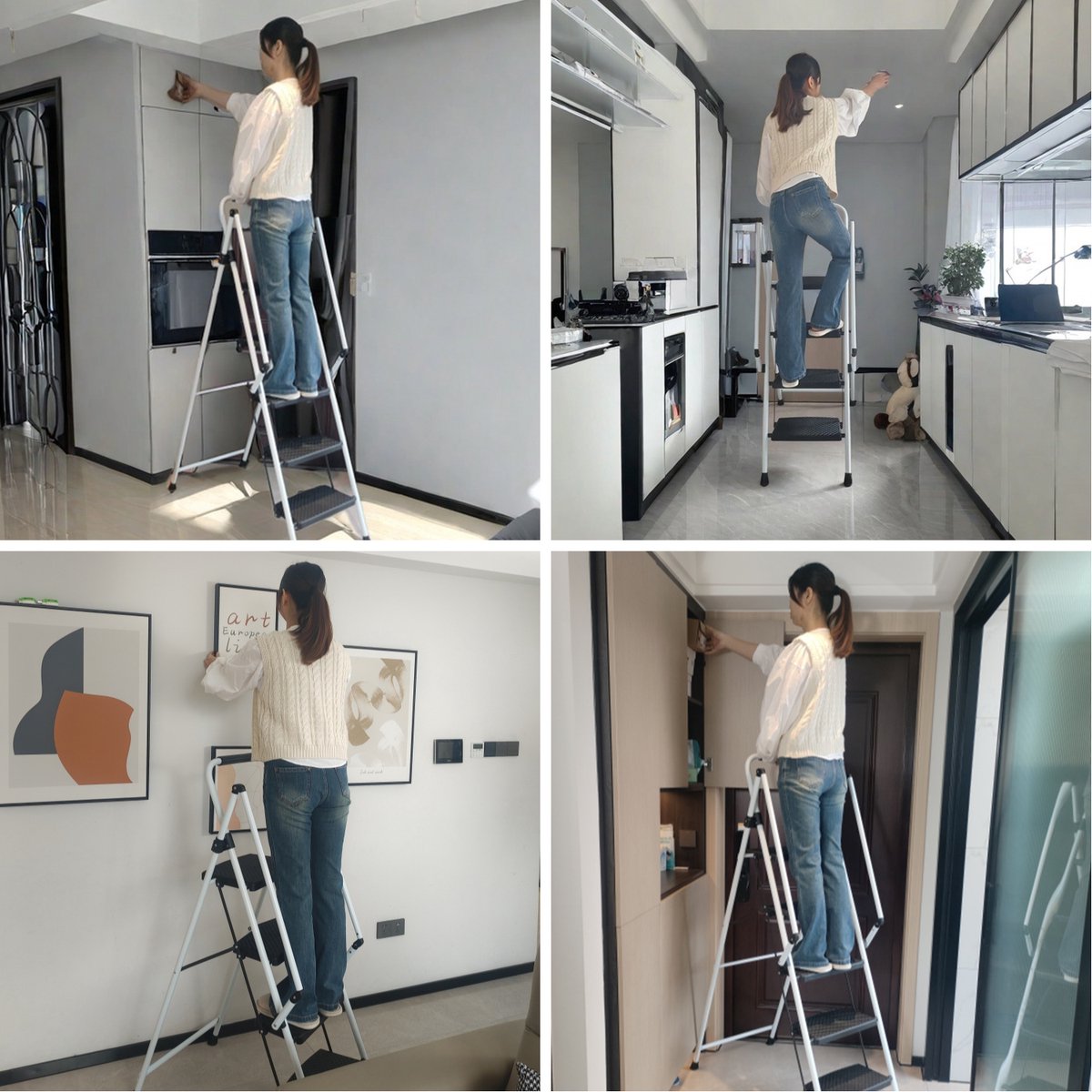 MODFU - Vouwladder - Vier Treden - Anti-Slip - Opvouwbaar - Veiligheidshandgreep - Wit