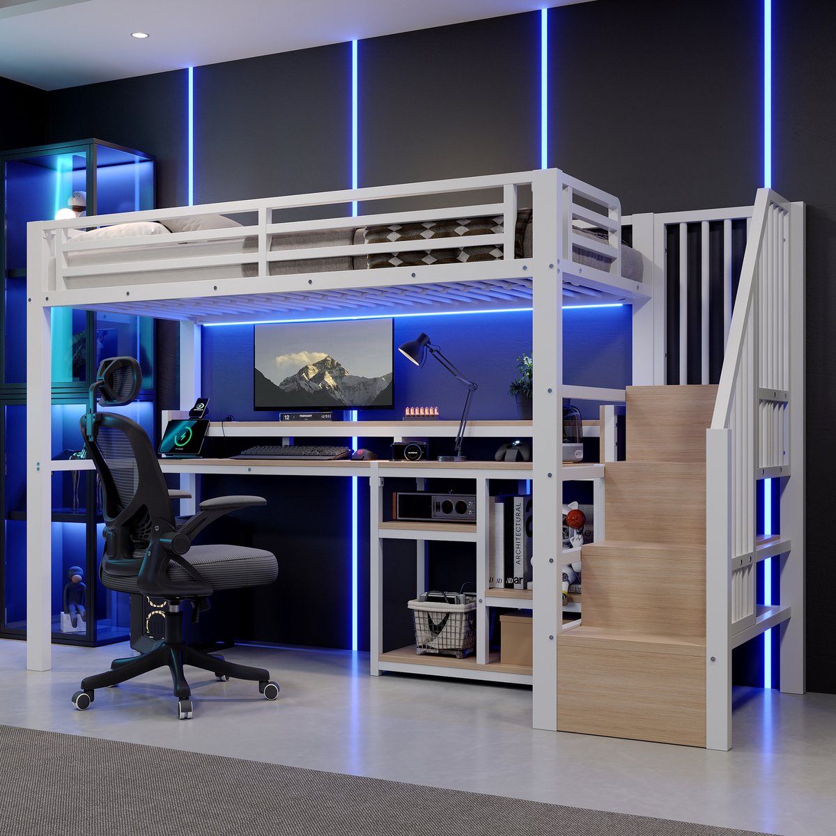 REDOM - Hoogslaper - Met bureau en opbergruimte - Met trap aan lange zijde - Met LED-verlichting en USB + Type-C - Metaal en MDF - Wit - 255,5 x 96 x 160,5 cm