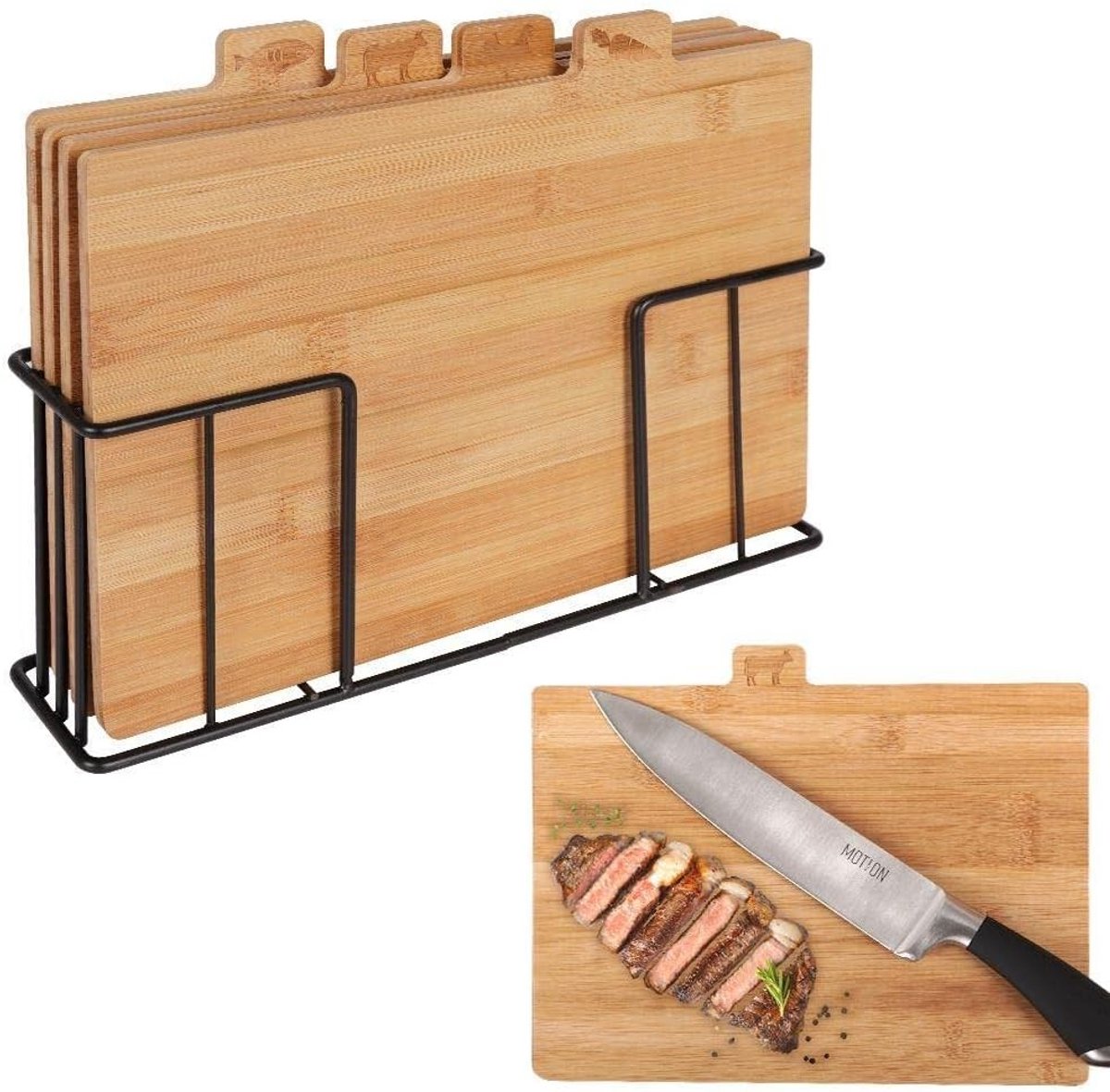 Bamboe Snijplanken - Natuurlijk - 28 x 20 cm - Set van 4 met Metalen Standaard - Voor Groenten, Vlees, Vis en Gevogelte