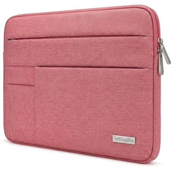 Roze Tech Supplies laptophoes met rits, drie voorvakken en een metalen logo.