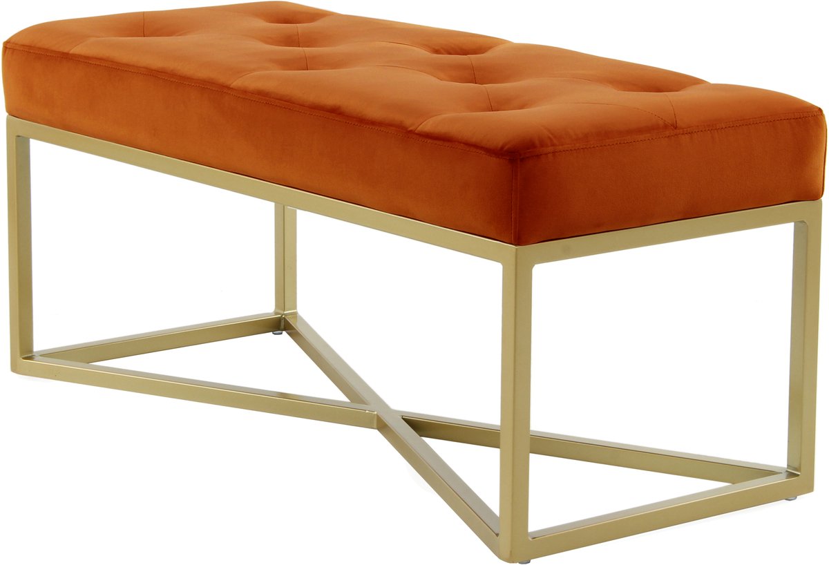 Padiro zitbank 90 x 40 x 40 cm - oranje en goudkleurig - fluweel - sierknopen en geometrisch metalen frame