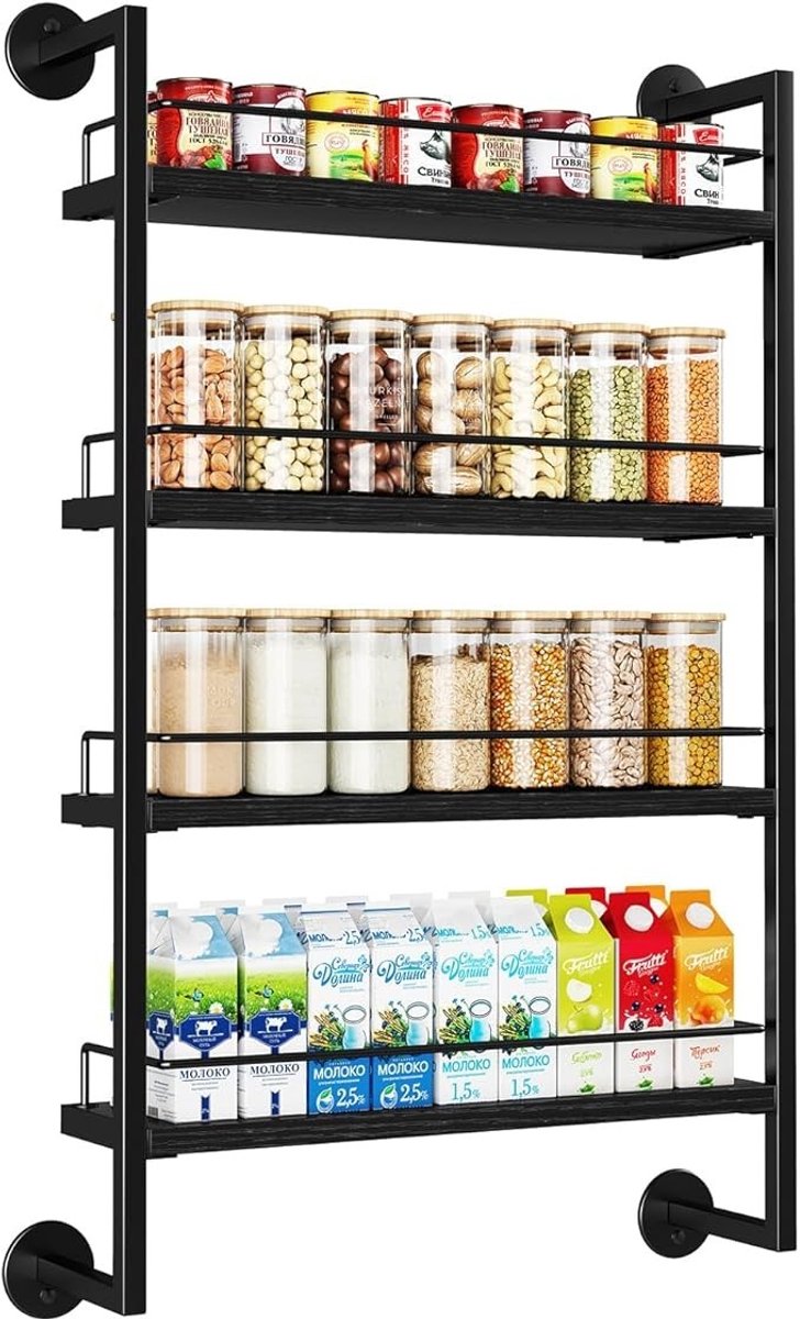PolkaHome Kruidenrek aan de Muur 4 Etages Houten Wandrek voor Keuken en Badkamer Zwart