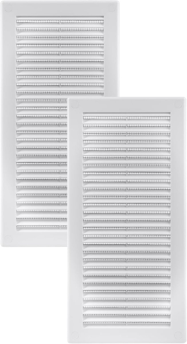 Wit kunststof ventilatierooster 4x11 inch (2 stuks) - Platte rechthoekige ventilatieroosters met fijnmazig nylon gaas