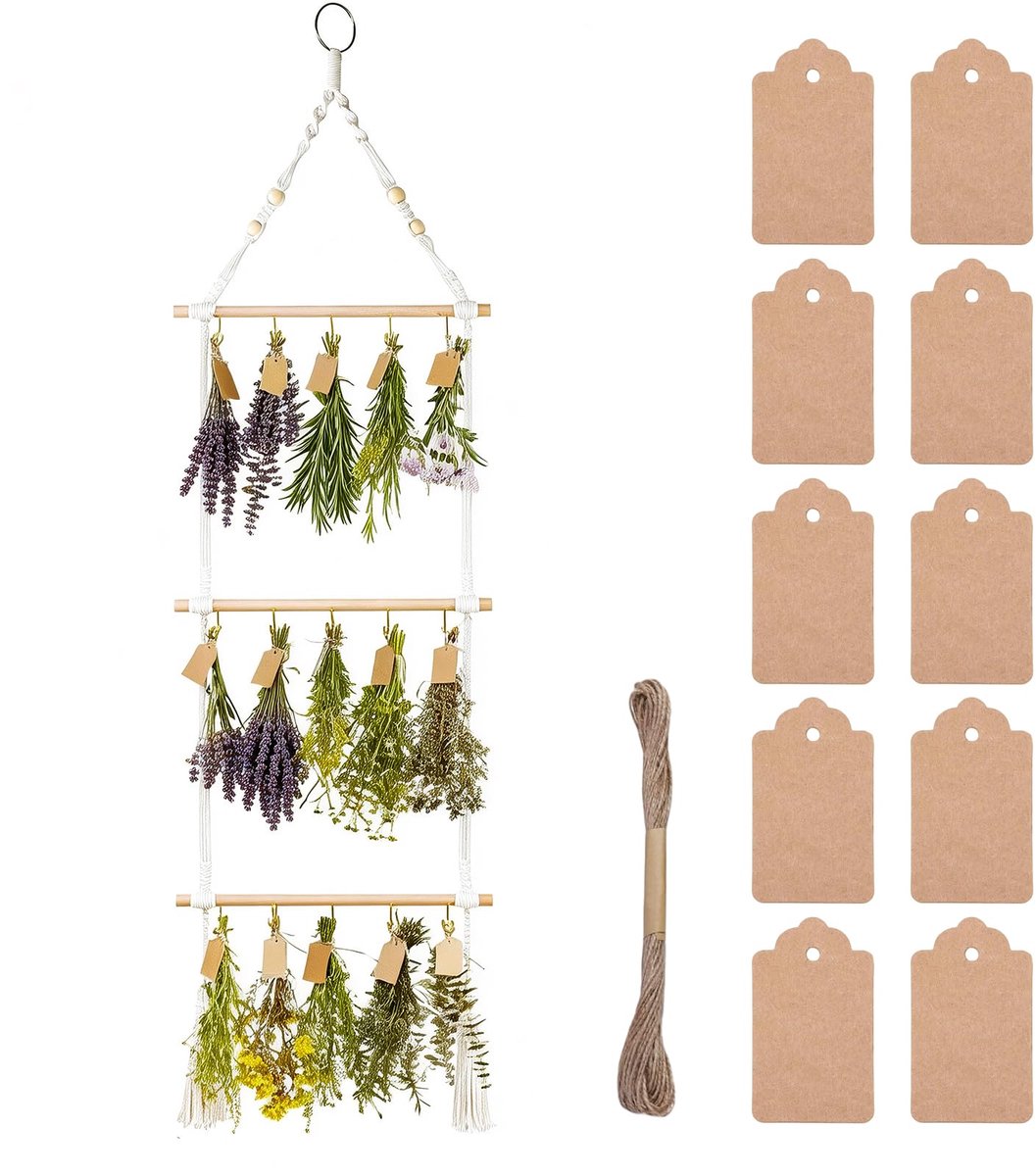 Hanlintk Hangkruid-droogrek met 3 etages, met 25 geschenkhangers en 10 m jute koord, handgeweven bloemen- en - ShopVlot