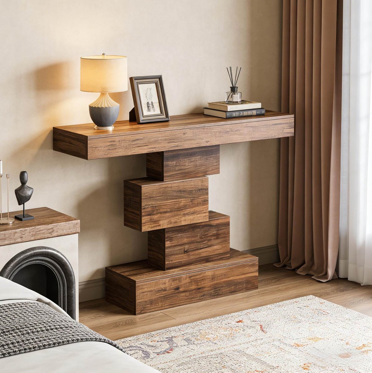 MODFU - Consoletafel - Geometrische Voet - Modern - Donkerbruin - Houtlook - 108 X 30 X 80 Cm
