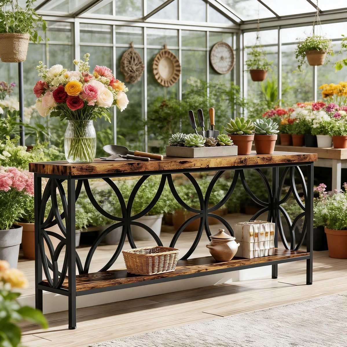 MODFU - Industrieel - Sidetable - Open Opbergrek - Houtlook - Zwart - 160 Cm