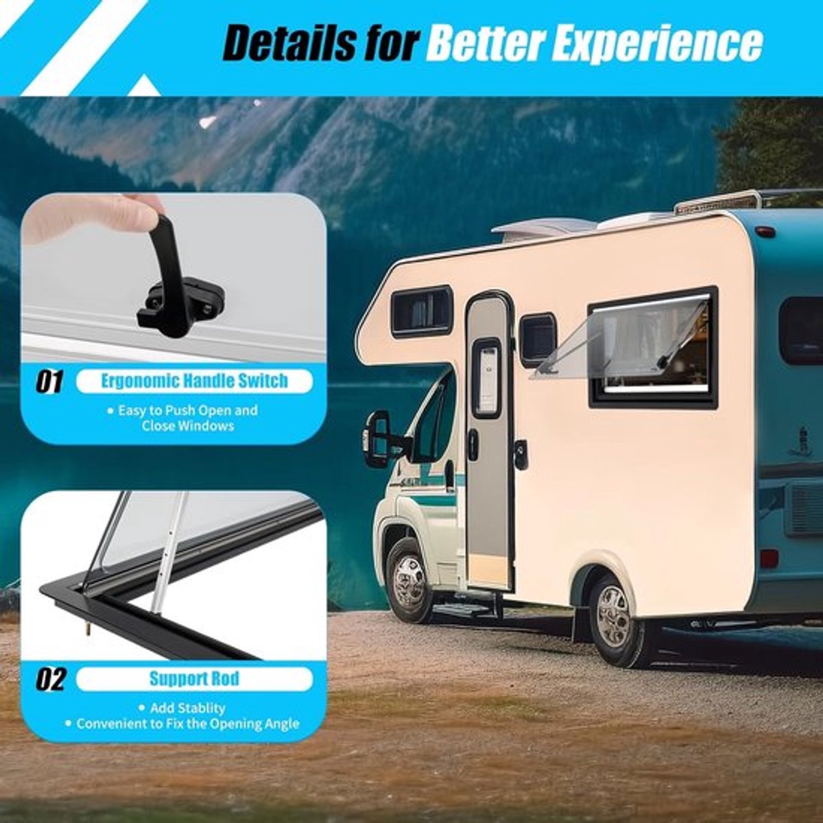 Camper Raam - Zijraam Caravan - Ventilatie en Zicht - Met Hor en Rolgordijn - 900 x 500 mm - Zwart