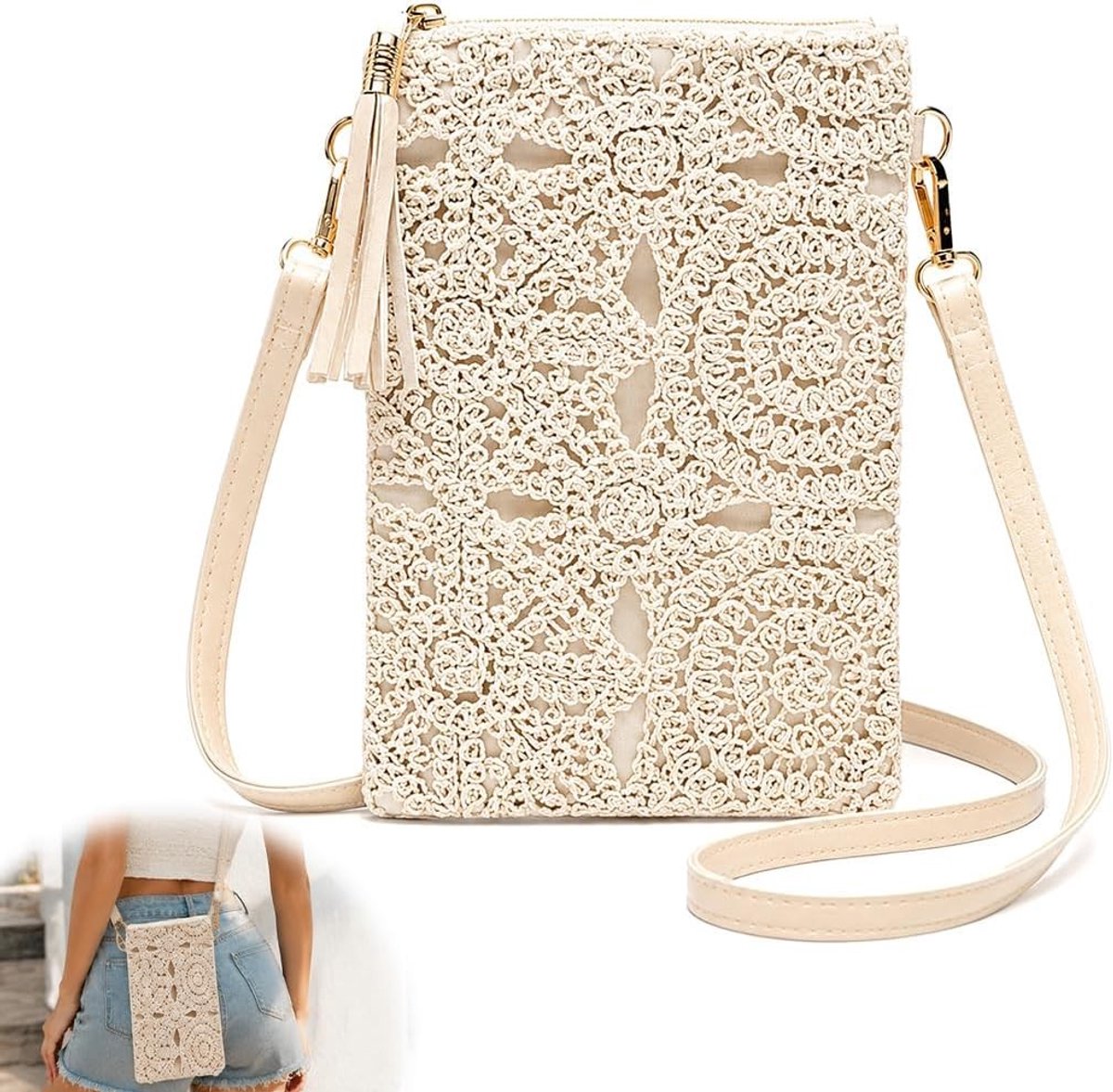 Boho-stijl handtas voor dames met bloemenprint, kleine schoudertas in wit, trendy en veelzijdig