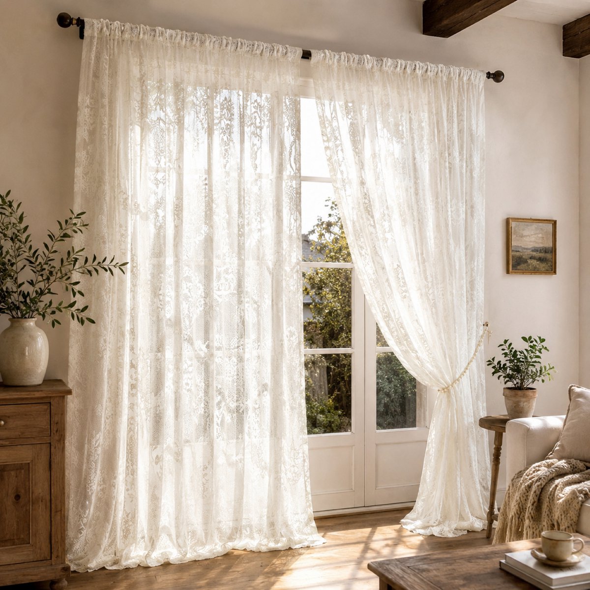 YQLAFT Boho Vitrage Gordijnen Kant en Klaar – Set van 2 – 140 x 260 cm per Paneel – Boho Kant met Ruches – Transparant – Wit