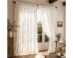 YQLAFT Boho Vitrage Gordijnen Kant en Klaar – Set van 2 – 140 x 200 cm per Paneel – Kant met Ruches – Transparant – Wit