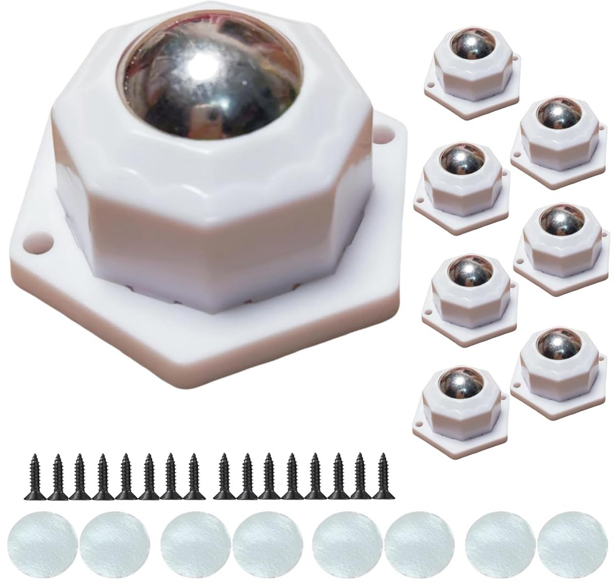 Metalen kogelwielen, 360 graden draaibare wielen voor meubels, zware, stille wielen, zelfklevende/schroefbevestiging (wit, stalen kogel, 8 wielen)