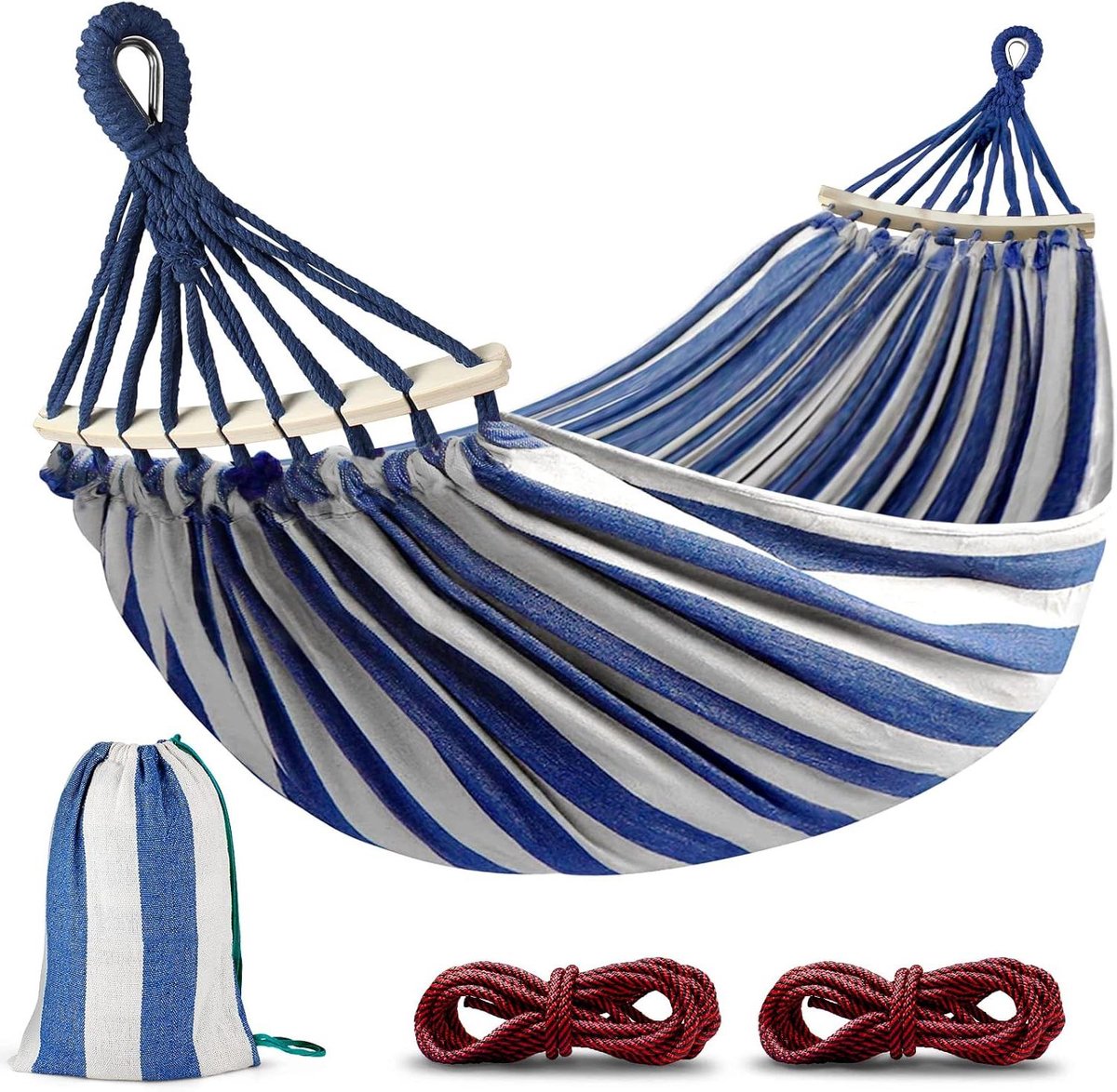 Outdoor Hangmat - Kampeer Hangmat - Ontspannen Buiten - Met Houten Spreidstok - 205 x 155 cm - Blauw