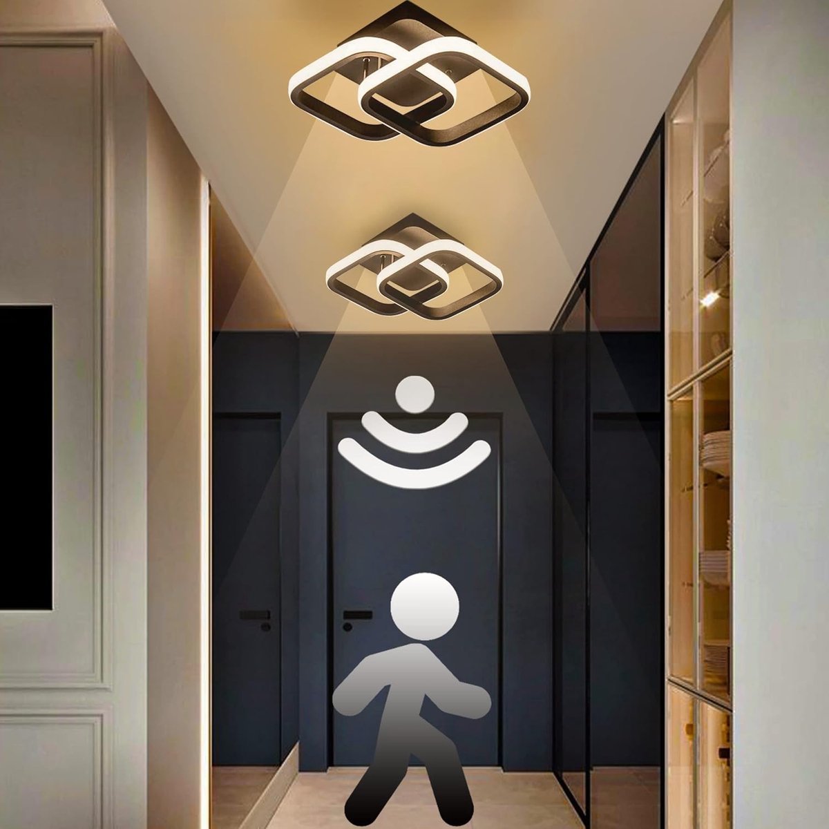 LED-plafondlamp met bewegingssensor voor binnen, 22 W, warm wit licht 3000 K, afmetingen: 24 × 20 × 9 cm, sensorlamp, geschikt voor gangen, garages, enz