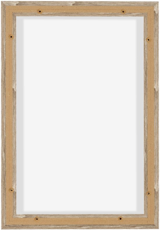 Achterkant van een houten baklijst met een verweerde, lichtbruine afwerking.