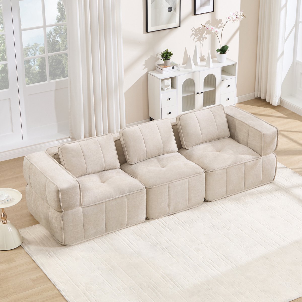 REDOM - Bank - Modulaire 3-zits - Zonder montage - Brede armleuningen - Moderne stijl - Woonkamer - Polyester - Beige - 271 x 93 x 67 cm
