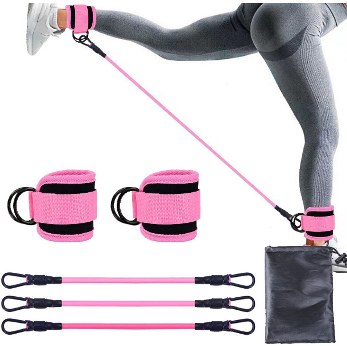 casalora - Ankle Strap Fitness - Enkelband fitness - spankoord 3 stuks - Krachttraining - Fitness - Ankle strap - Fitness accessoires - Heup trainer - Ankle Strap Fitness met Draagtas - Roze