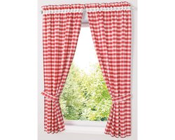 Gordijnen – 2 stuks – 80x120 cm – Rood-Wit Ruitjes – Landelijk – Verduisterend – Met Tunnelband – Voor Keuken & Woonkamer
