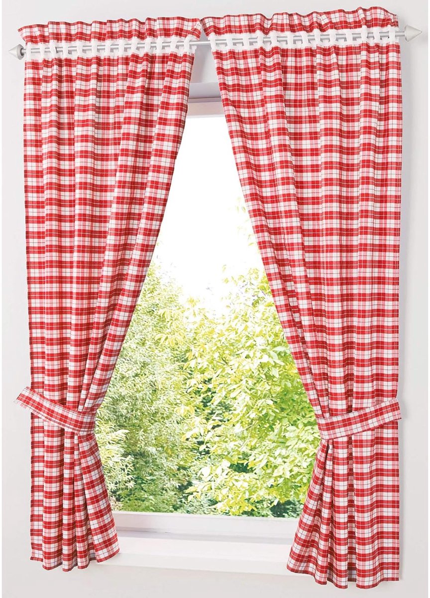 Gordijnen – 2 stuks – 80x120 cm – Rood-Wit Ruitjes – Landelijk – Verduisterend – Met Tunnelband – Voor Keuken & Woonkamer