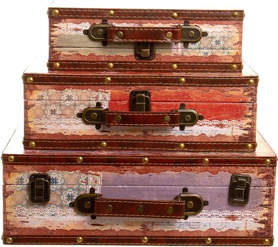1290 houten kist met leren bekleding en metalen scharnieren - vintage look met ornamenten - set — afbeelding 5