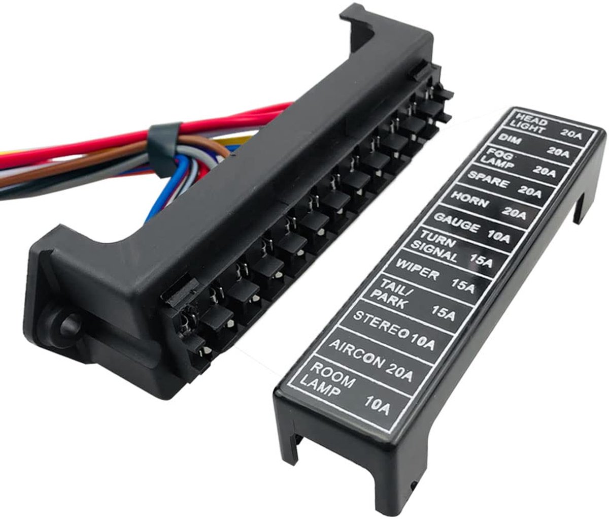 12-voudige autozekeringkast, 2 ingangen/12 uitgangen, bedraad zekeringblok met 10 stuks universele zekeringen (12V/24V/32V/48V)