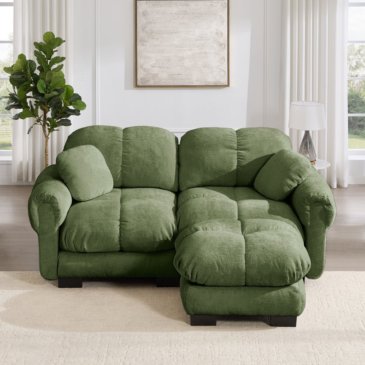 REDOM - Hoekbank - L-vormige modulaire opstelling - Gestikt patroon - Mobiele ottomane - Design - Woonkamer - Chenille - Groen - 190 x 149 x 90 cm