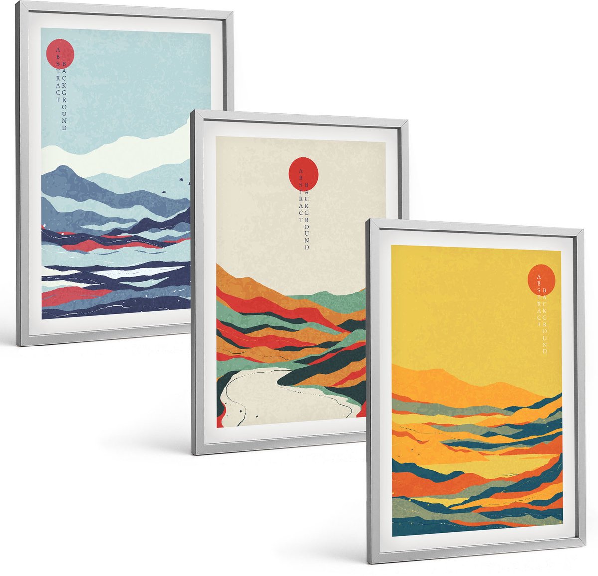 Coloray 3-Delige Schilderij Set - Kleurrijke Abstracte Berg- En Rivierlandschappen - 40 x 60 cm - Muurdecoratie - Decoratieve Schilderijen - Wohnzimmer