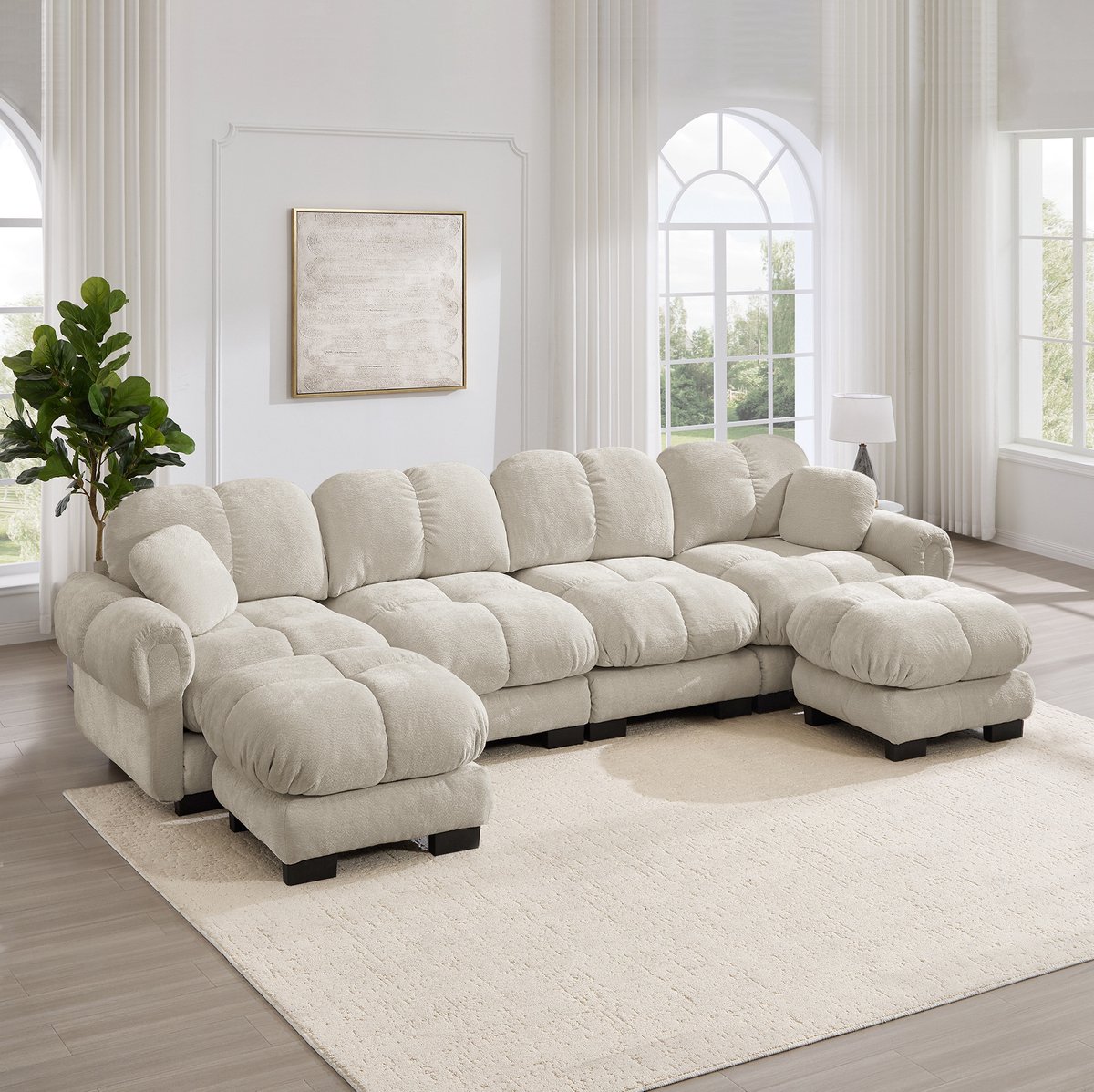 REDOM - U-bank - 4-zits - Modulair ontwerp met 2 verplaatsbare ottomanes - Gestikt patroon - Woonkamer - Chenille - Licht kaki - 330 x 149 x 90 cm